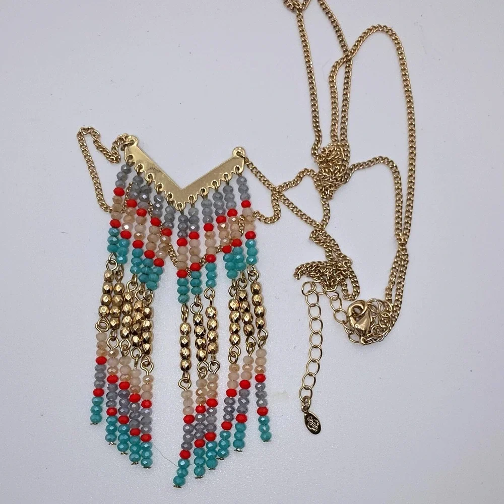 Premier Designs Necklace Gold Turquoise Red Excellent Lively Long Statement